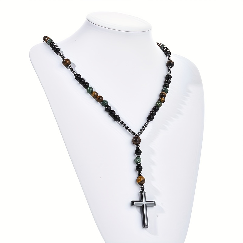 African Pine Yellow Tiger Eye Retro Natural Stone Long Cross Necklace